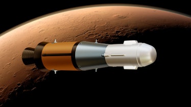 A long rocket flies high above Mars' reddish terrain. Half the surface is in shadow.