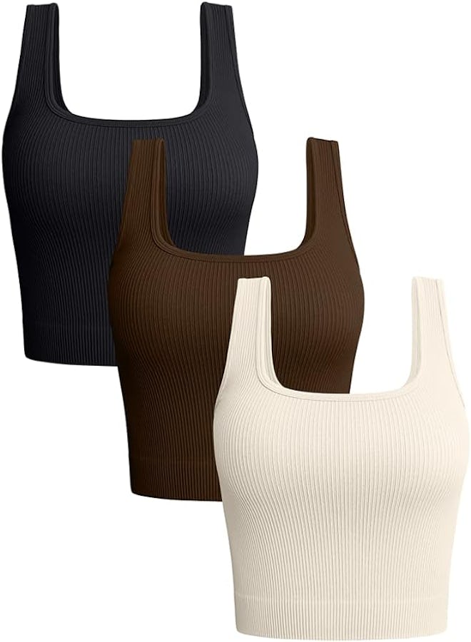 OQQ Ribbed Seamless Crop Tank Tops (3-Pack)