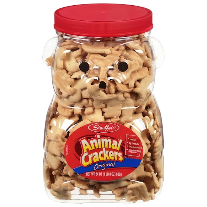 Bear jug full of animal crackers, in a list of Earth Day snacks and snack ideas.