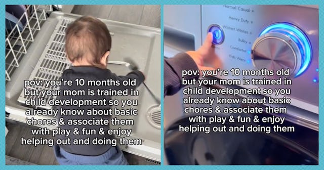 One mom shared a video of her ten-month-old son helping with laundry and other household chores.