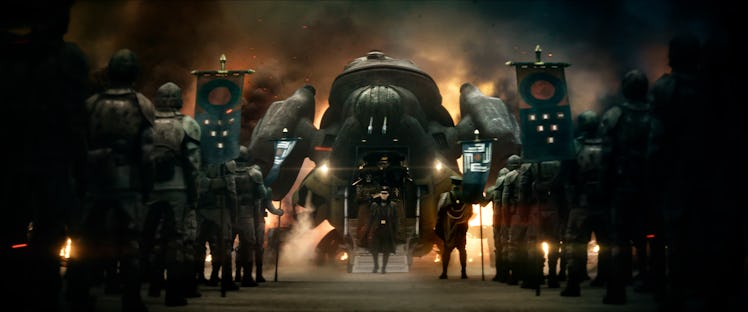 Admiral Noble (Ed Skrein) stands with his imperial troops in Rebel Moon: The Scargiver