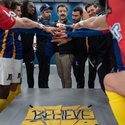 Brendan Hunt, Jason Sudeikis and Brett Goldstein in "Ted Lasso," now streaming on Apple TV+.