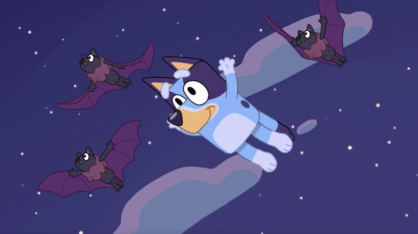 Bluey flies alongside bats in a dream.