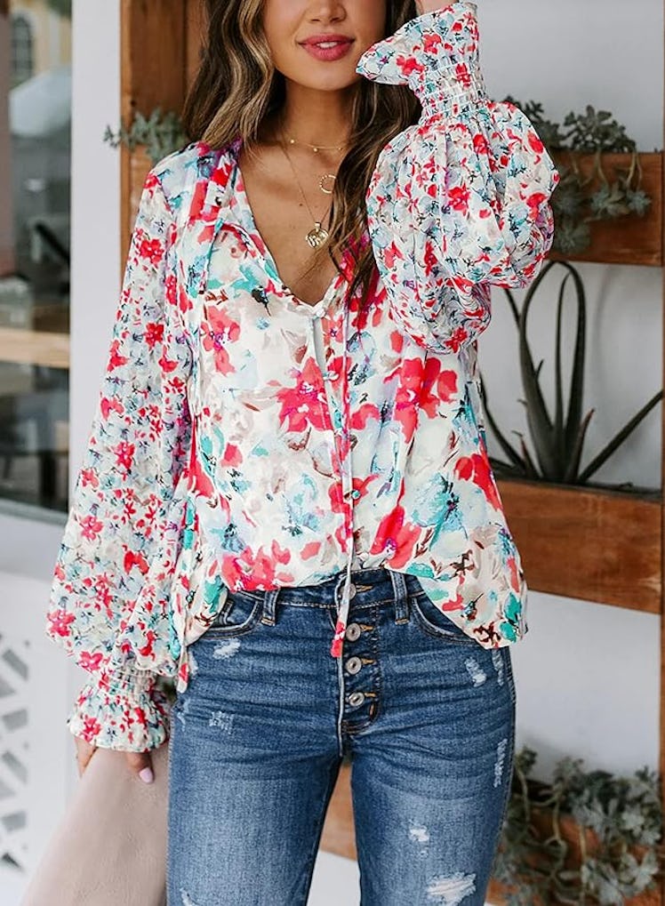 SHEWIN Floral V-Neck Long Sleeve Drawstring Blouse