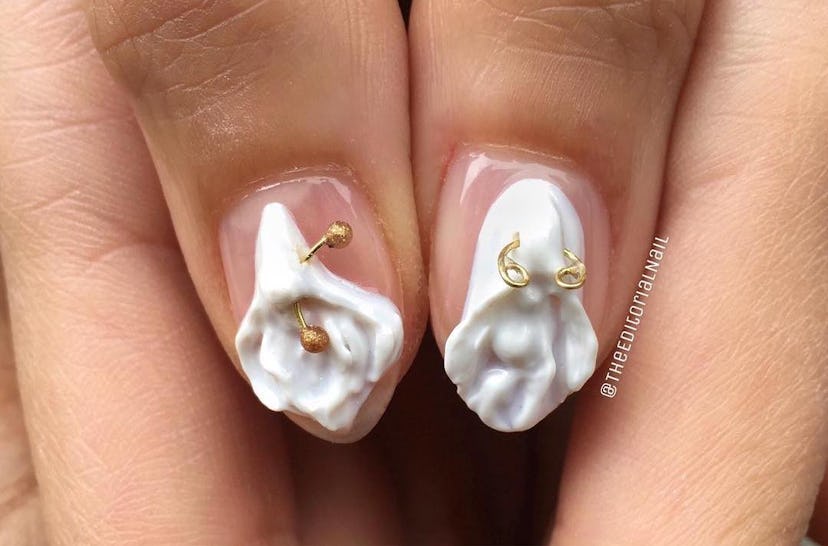 Anatomical designs with nail piercings are on-trend.