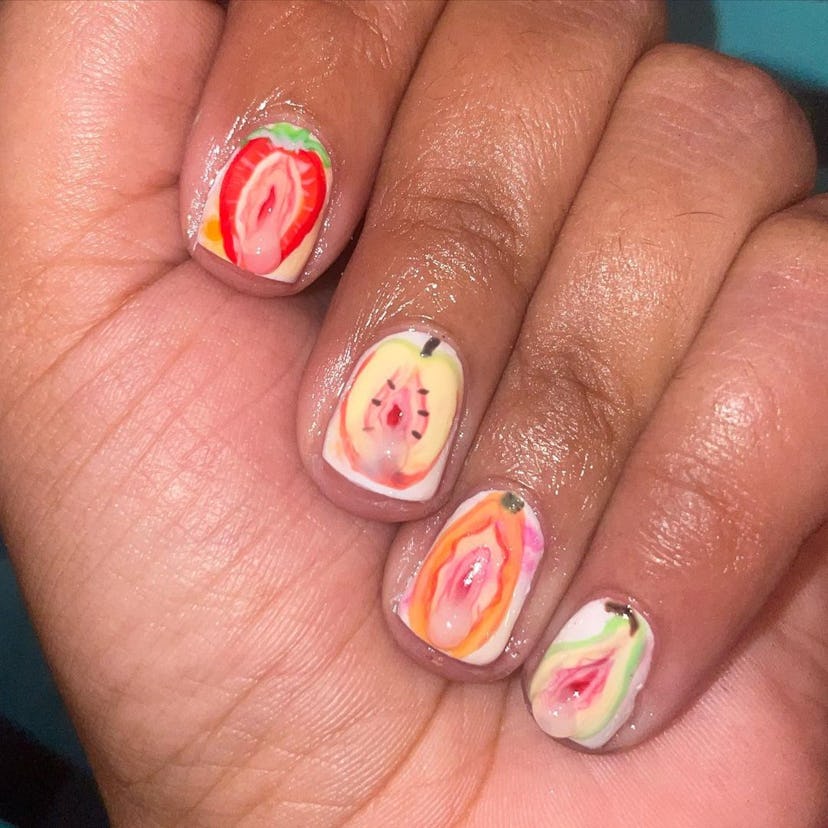 Double-meaning fruit slice nail art is on-trend.
