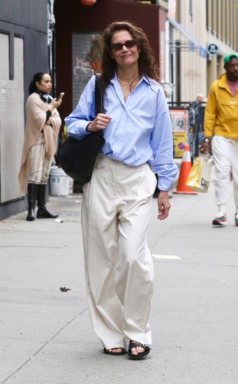 Katie Holmes Pastel Button-Down and Trousers Look