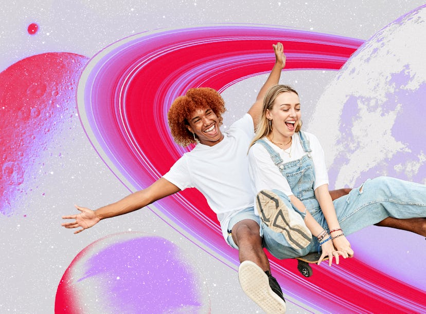 Young couple sliding down Saturn after reading their May 2024 horoscope.