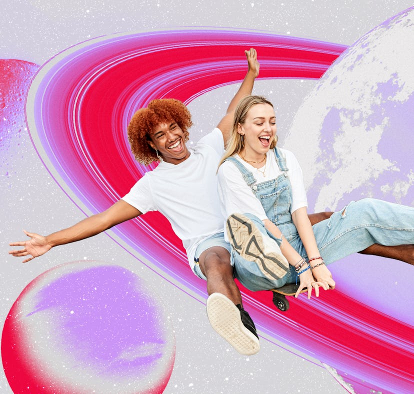 Young couple sliding down Saturn after reading their May 2024 horoscope.