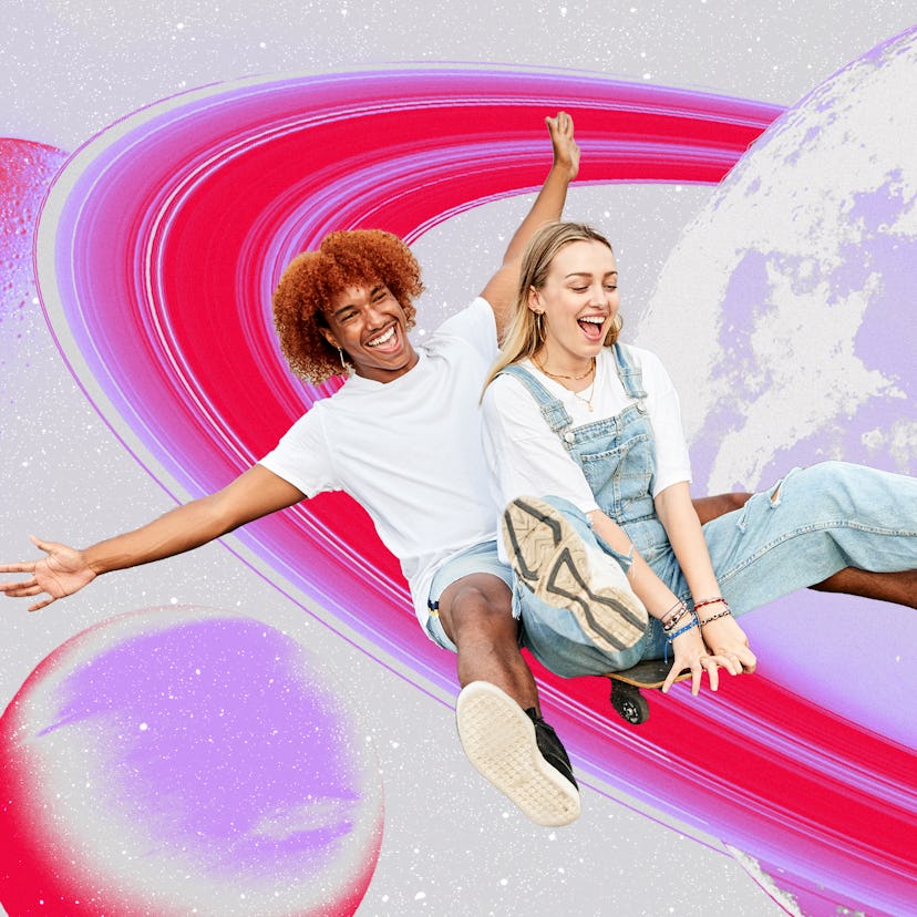Young couple sliding down Saturn after reading their May 2024 horoscope.