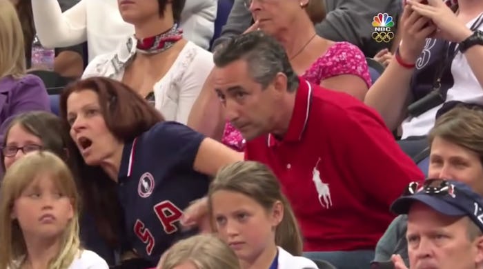 Aly Raisman's parents squirm dramatically watching their daughter's routine on the uneven bars.