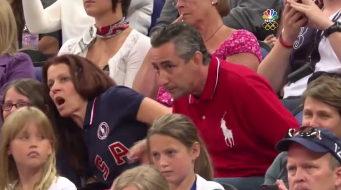 Aly Raisman's parents squirm dramatically watching their daughter's routine on the uneven bars.