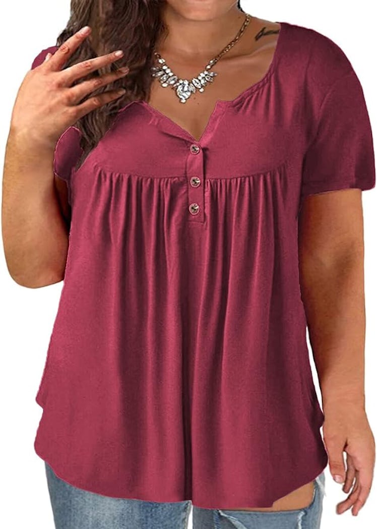 VISLILY Plus Size Short Sleeve Henley Shirt