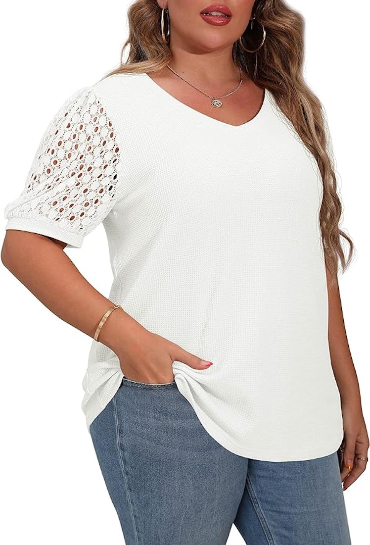 OLRIK Plus Size Waffle Knit Short Sleeve Top