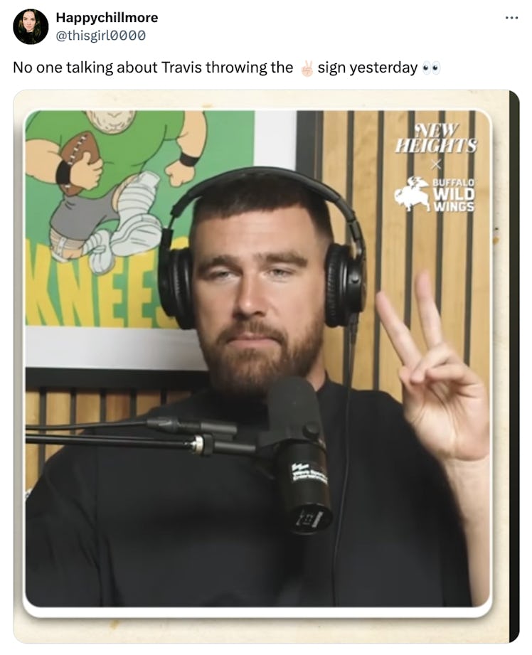 A screenshot of a tweet about Travis Kelce doing the peace sign