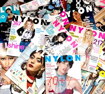 A collage of colorful NYLON magazine covers featuring various models and celebrities in diverse pose...