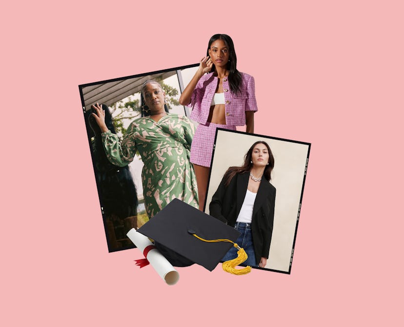 Women wearing different graduation ceremony-appropriate outfits.