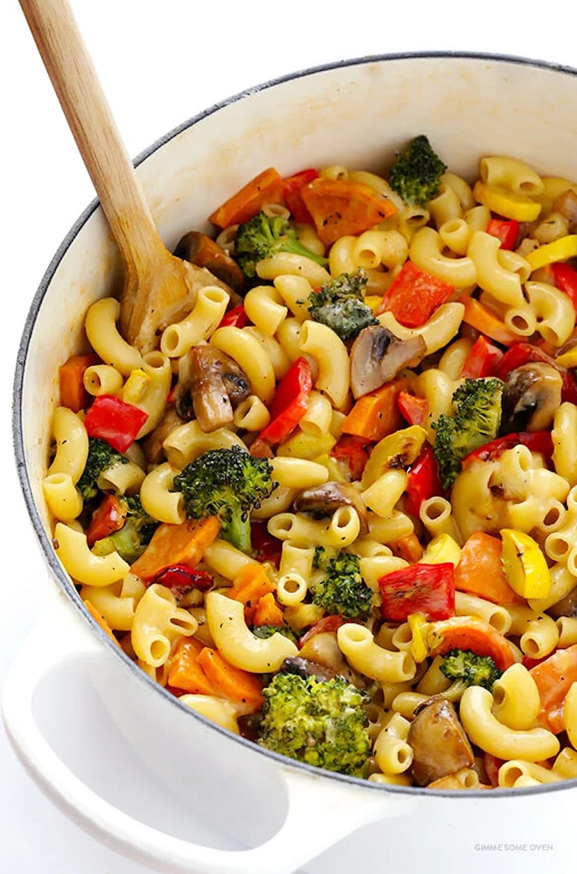 A cheesy dinner recipe to make is roasted vegetable macaroni and cheese.
