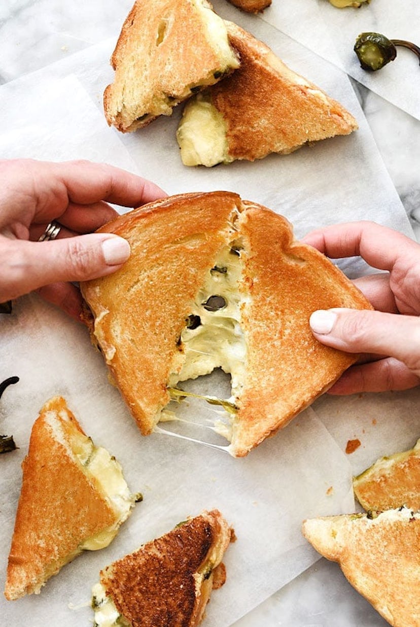 One of the top cheesy dinner recipes to make is jalapeno popper grilled cheese.