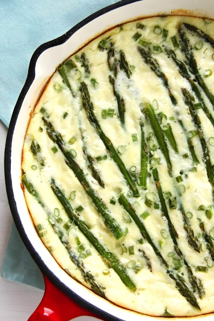One of the top cheesy dinner recipes to make is asparagus and goat cheese frittata.