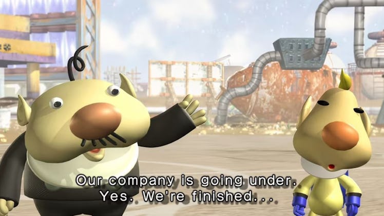 Screenshot of Pikmin 2 intro scene with The President and Louie