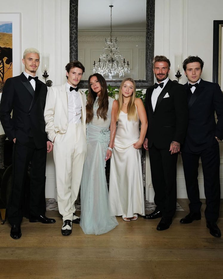 Romeo, Cruz, Victoria, Harper, David, and Brooklyn Beckham at Victoria's 50th Birthday party.