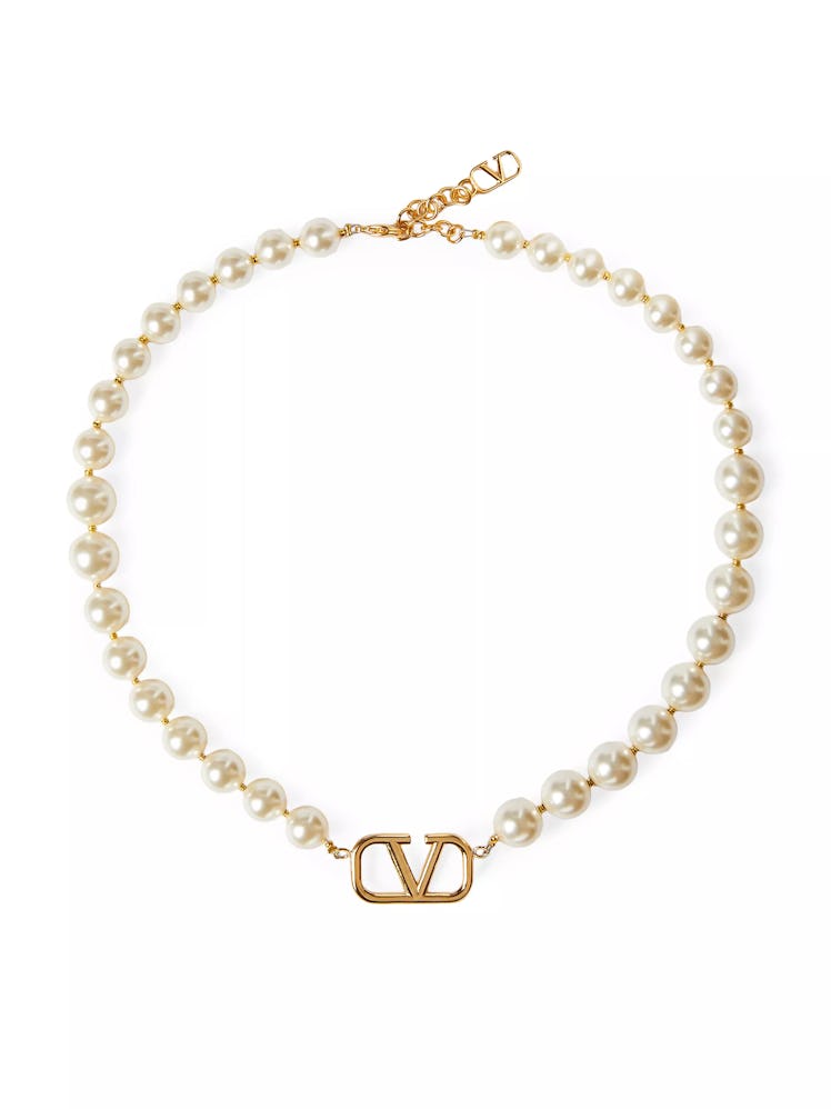 VLogo Signature Metal Necklace With Swarovski Pearls