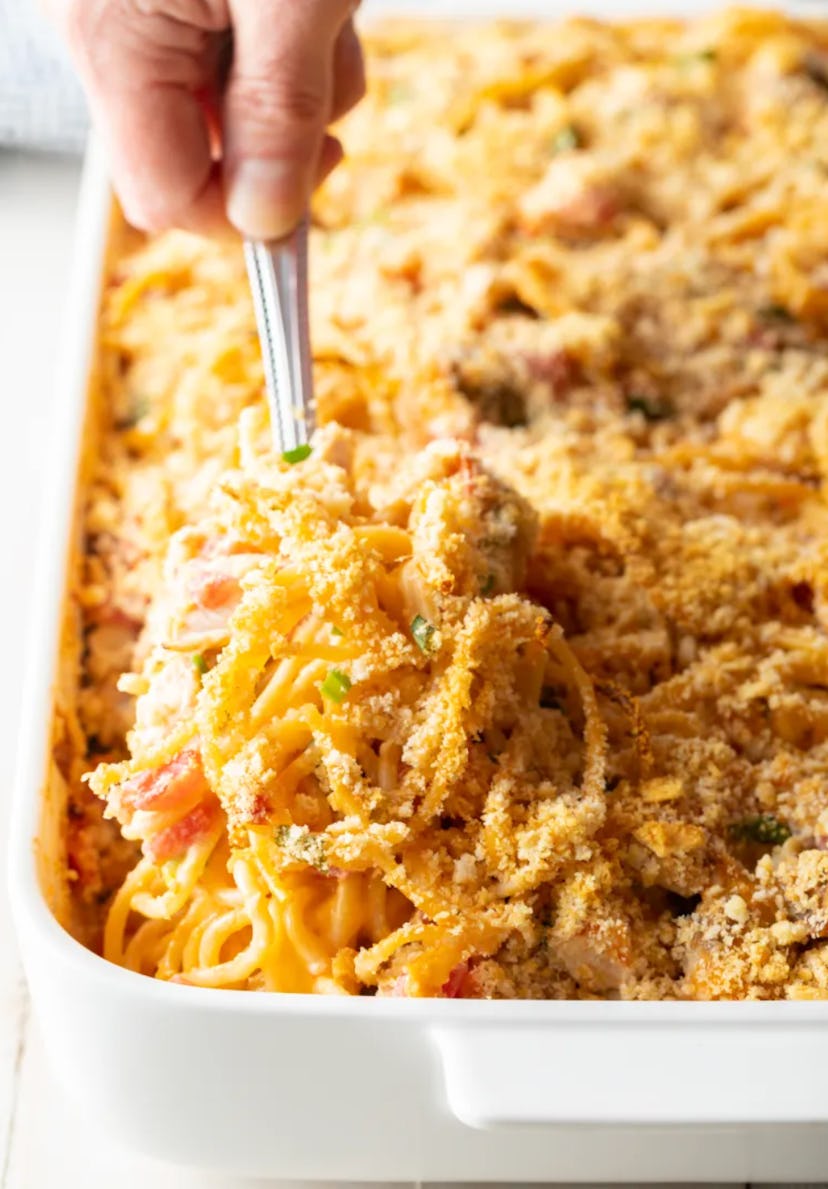 A cheesy dinner recipe to make is cheesy chicken spaghetti.