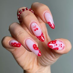 red lace french tip almond nails with cherry nail art