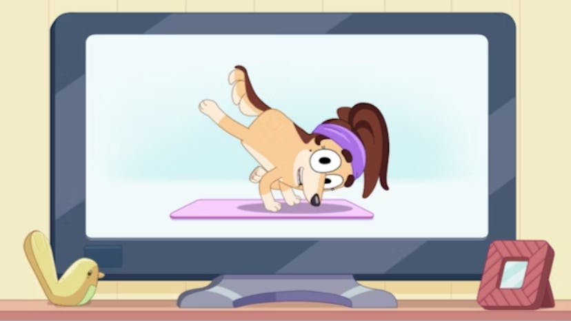 Eva Mendes' character on 'Bluey' doing yoga on TV.
