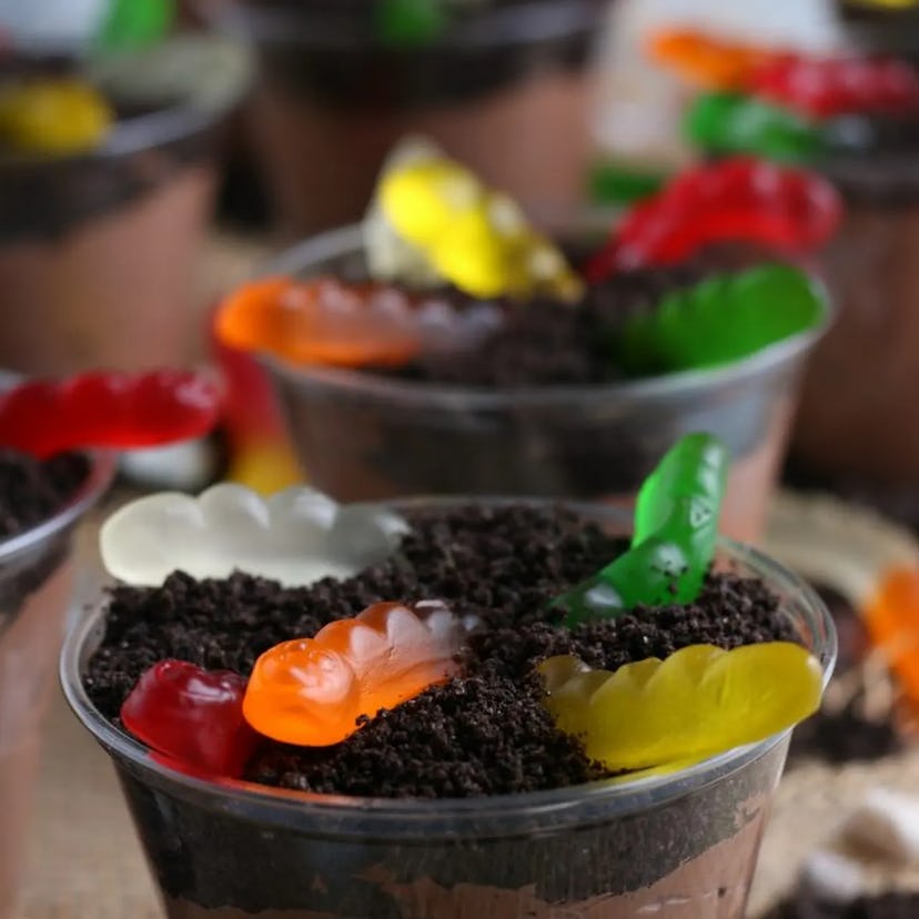 Chocolate pudding dirt cups, in a list of Earth Day snacks and snack ideas.