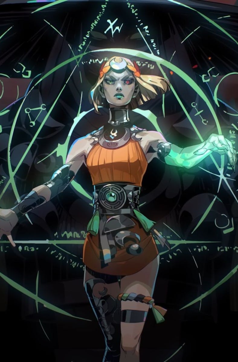 Animated character with a mystical umbrella surrounded by magical symbols and green energy. She has ...