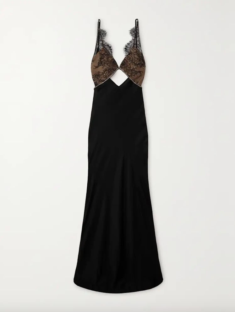 Cutout crystal-embellished lace and satin maxi dress