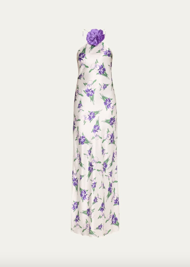 Iris Printed Silk Halter Gown