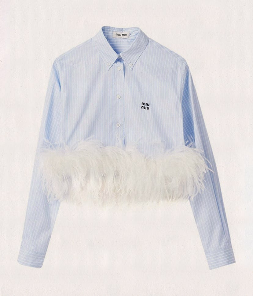 Feather-Trim Striped Cotton Shirt