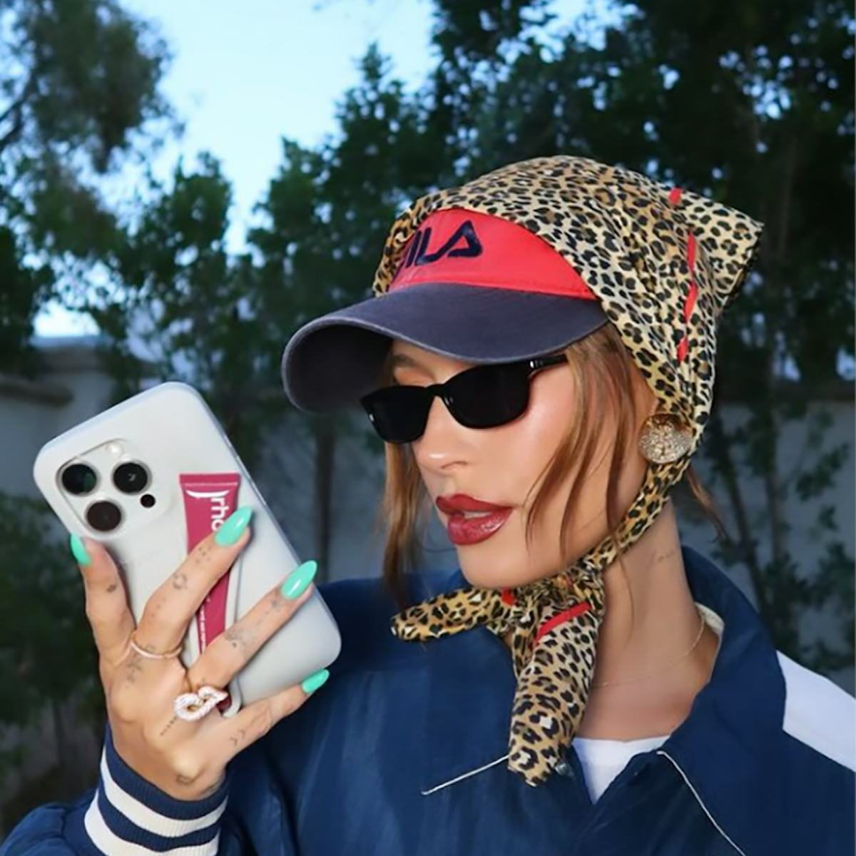 Headscarf Over Baseball Cap Trend 2024 Hailey Bieber