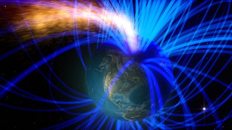 The magnetic field of Earth, illustrated as pouring into and out of the planet's poles. 