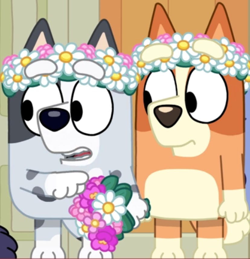 Muffin and Bingo stand side by side wearing flower girl crowns and holding posies. 