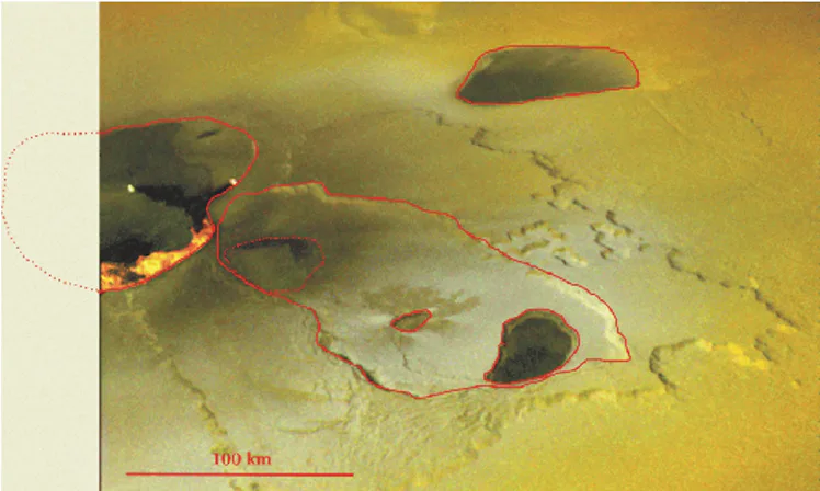image of terrain on Io, with depressions circled in red