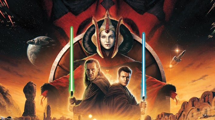 A movie poster with two Jedi holding lightsabers, a large ominous face behind, and spacecraft above ...
