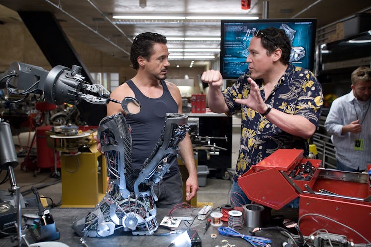 Robert Downey Jr. and Jon Favreau on the set of Iron Man