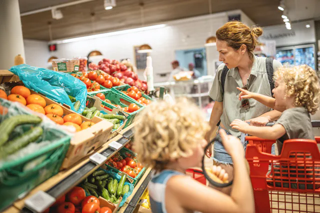 A mom shops at the grocery store with her kids.