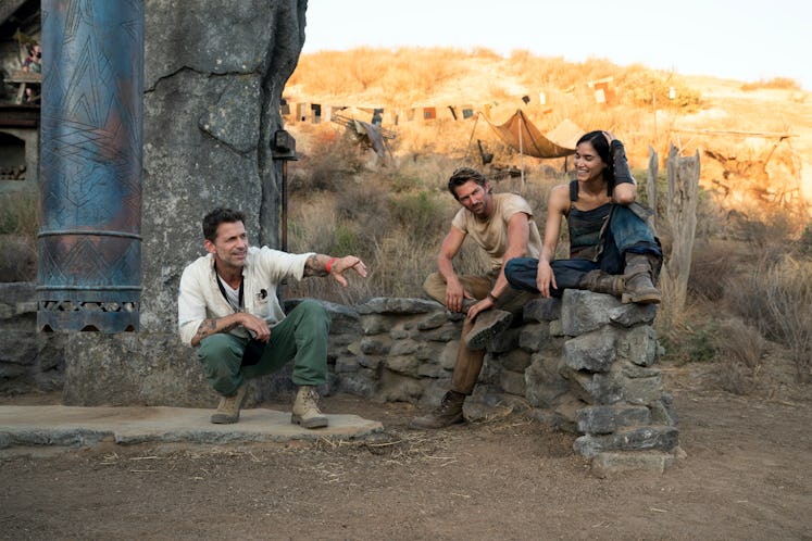 Zack Snyder, Michiel Huisman, and Sofia Boutella on the set of Rebel Moon: A Child of Fire