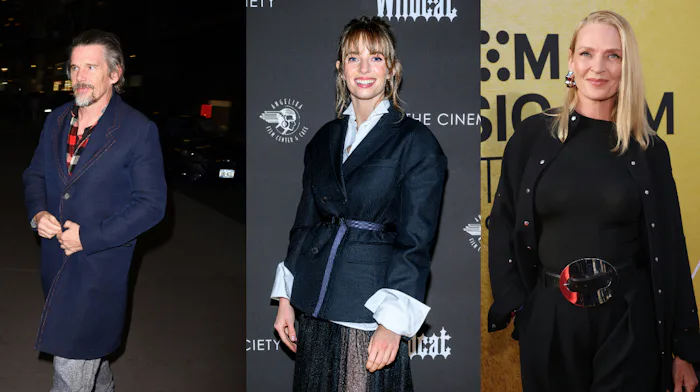 Ethan Hawke, Maya Hawke, and Uma Thurman in three separate pictures.