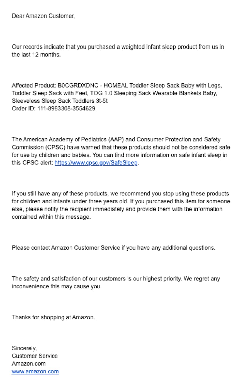 An email the author received from Amazon about a sleep sack purchased for her toddler. 