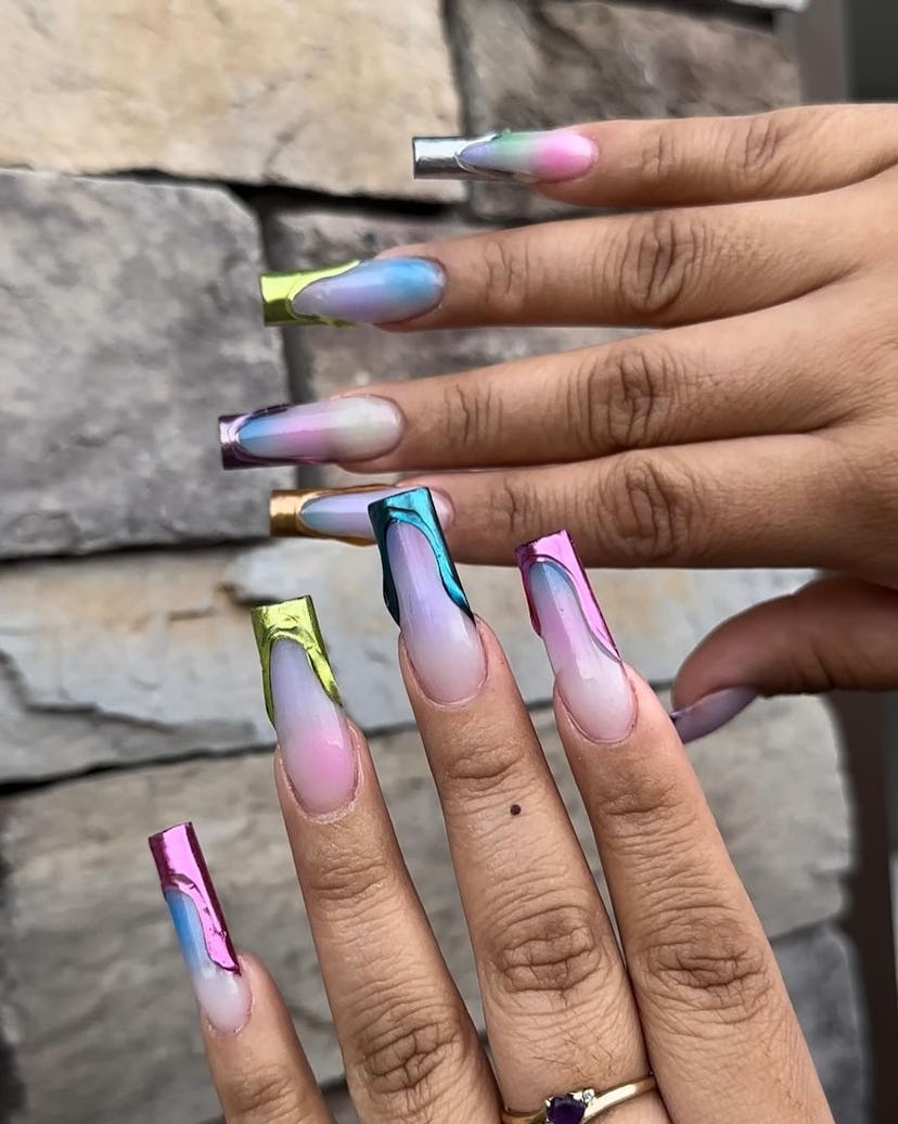 Try colorful chrome French tip nails.