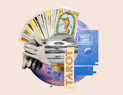 Collage featuring a hand holding a crystal ball, surrounded by tarot cards, with "Tarot Card Reader" text overlay on a planet background.