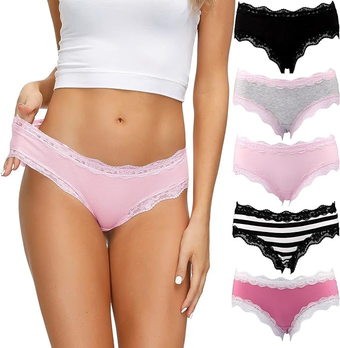 LYYTHAVON Lace Trim Cotton Brief Underwear (5-Pack)