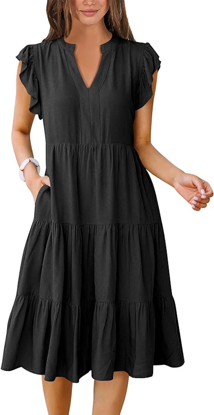 ANRABESS Ruffle V-Neck Sleeve Midi Dress