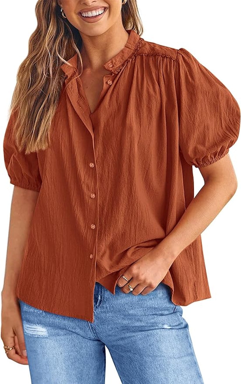 PRETTYGARDEN Short Lantern Sleeve Button Down Shirt